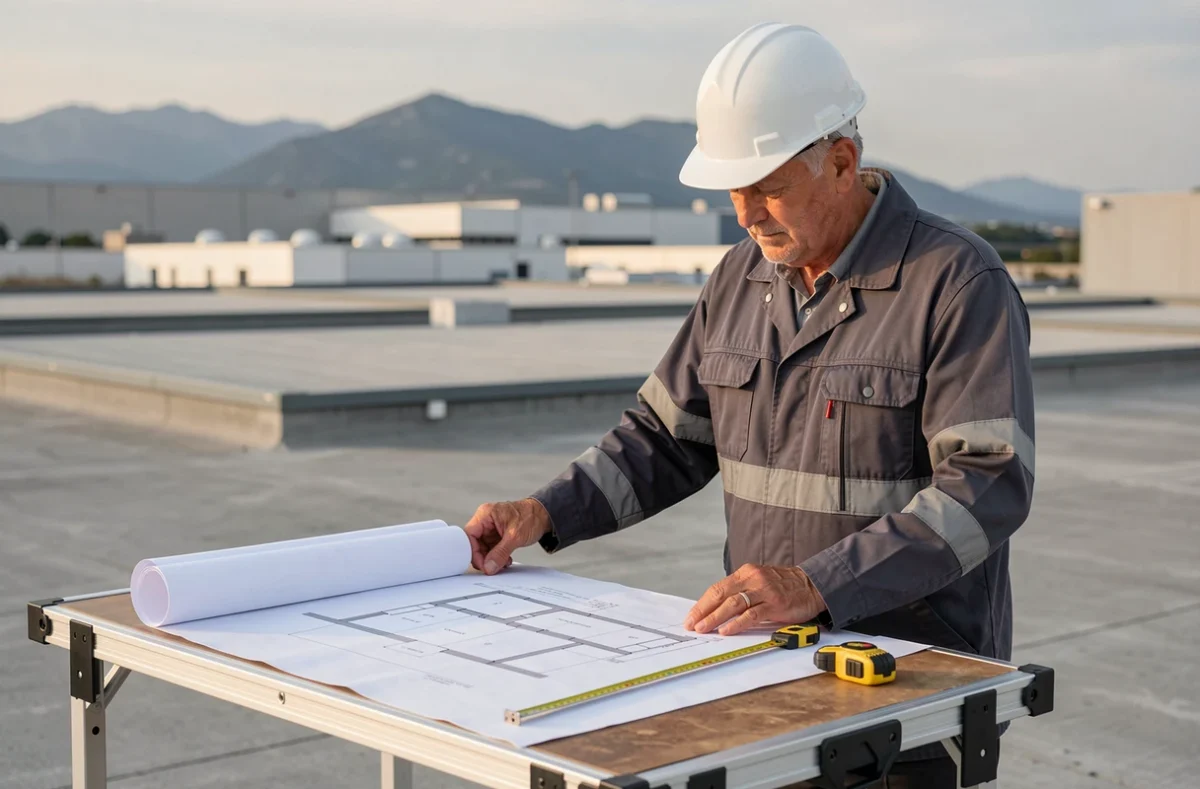 Chef de chantier de MCRC consultant des plans sur une toiture commerciale en zone industrielle près de Perpignan