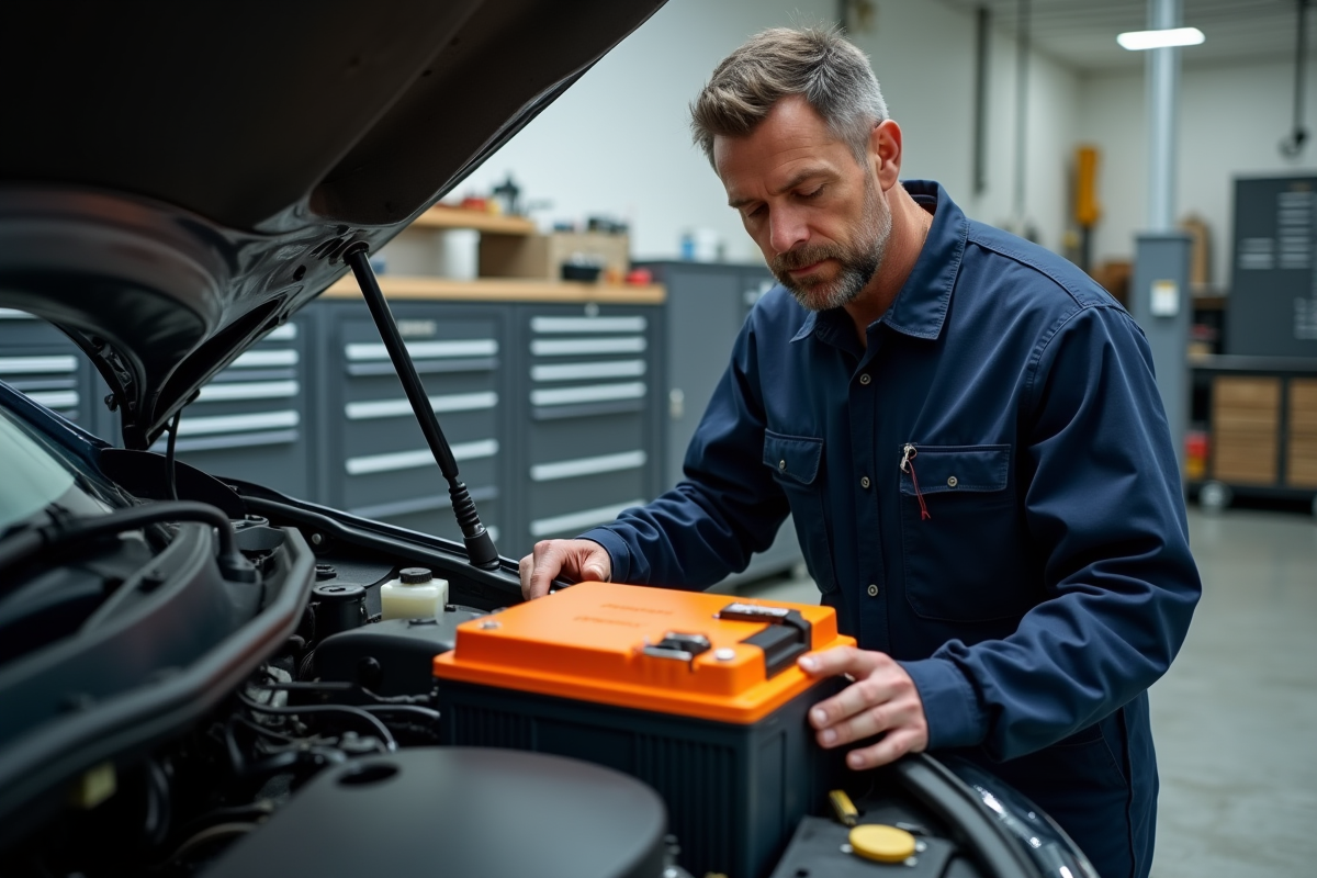 Mécanicien homme examine la batterie d'une voiture hybride