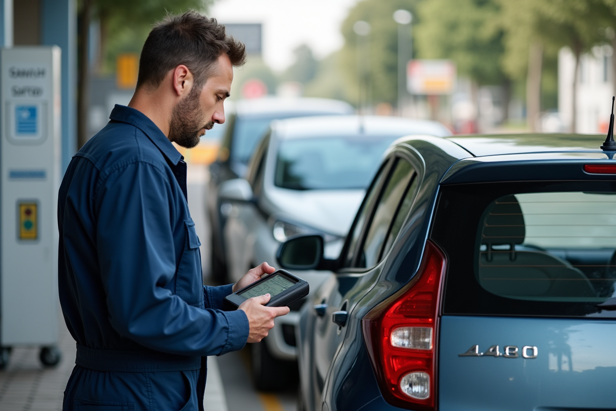 Mécanicien homme en bleu à côté d'une voiture urbaine