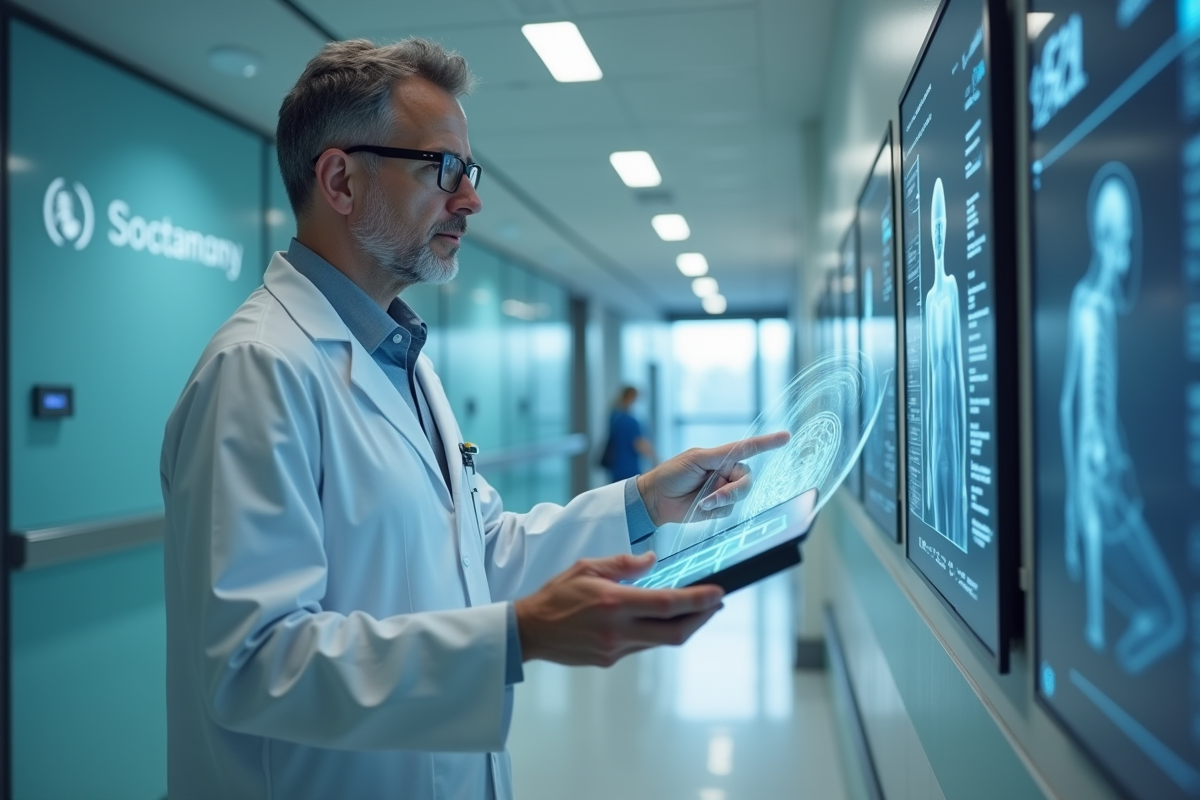 Medecin en blouse blanche examine une hologramme patient