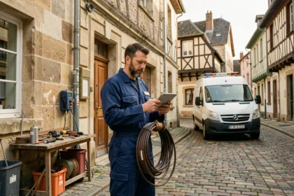 Électricien professionnel devant une maison à Troyes avec camionnette de service et câbles électriques