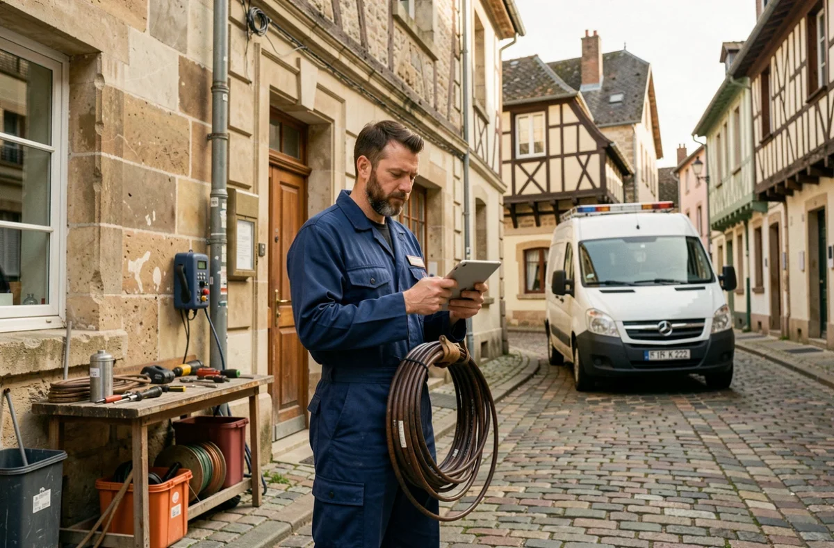 Électricien professionnel devant une maison à Troyes avec camionnette de service et câbles électriques