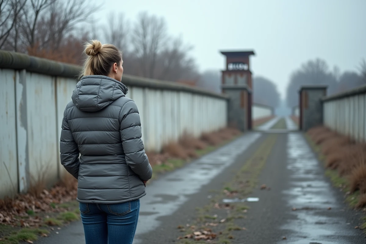 Mémorial du mur de Berlin à Bernauer Strasse montrant le couloir de la mort préservé et une femme en visite