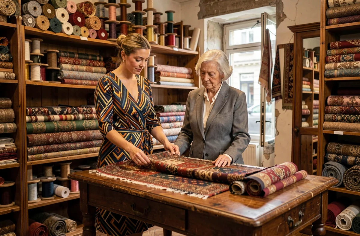Deux femmes dans une mercerie artisanale d'un faubourg parisien, explorant des tissus patrimoniaux entre transmission et création de mode contemporaine