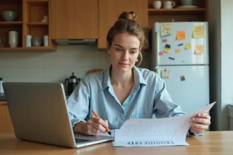 Mère de famille consultant le calendrier scolaire 2026 à la table de cuisine pour préparer la rentrée