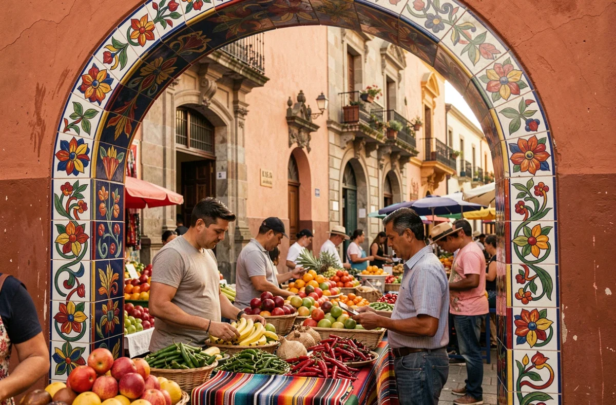 Marché de rue mexicain animé sous une arche carrelée colorée dans un quartier colonial, illustrant le Mexique carrefour nord-américain