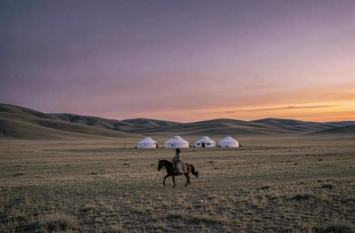 Cavalier mongol en deel traditionnel traversant une steppe infinie au crépuscule avec un camp de ger en arrière-plan, illustrant la densité la plus faible au monde