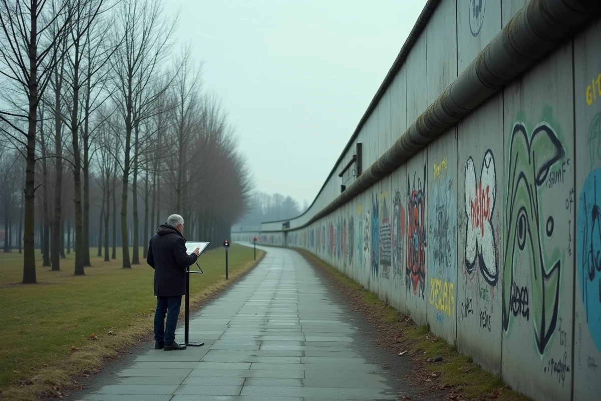 Vestiges du mur de Berlin le long de la East Side Gallery avec un visiteur lisant un panneau explicatif en automne