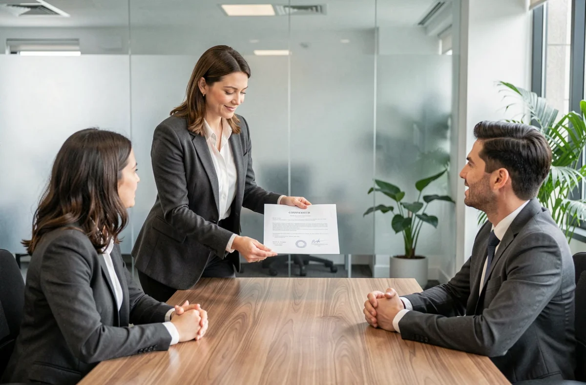Notaire femme présentant un document notarié à un couple de clients dans un bureau moderne aux cloisons en verre dépoli