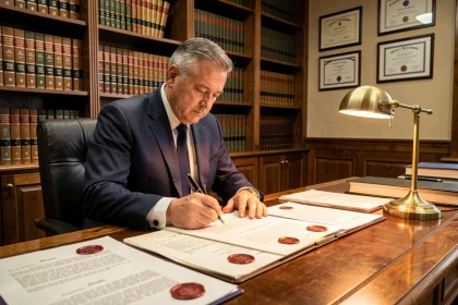 Notaire en costume sombre signant un acte notarié avec un stylo plume dans son bureau meublé de rayonnages juridiques et de documents officiels scellés à la cire rouge
