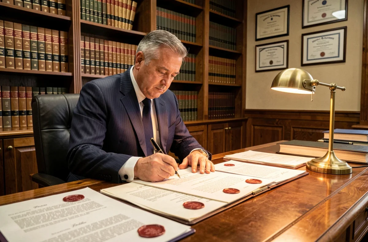 Notaire en costume sombre signant un acte notarié avec un stylo plume dans son bureau meublé de rayonnages juridiques et de documents officiels scellés à la cire rouge