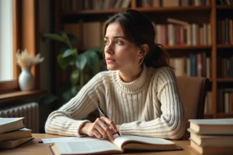 Femme studiant les nuances stylistiques de la langue française dans un bureau cosy entouré de livres et dictionnaires