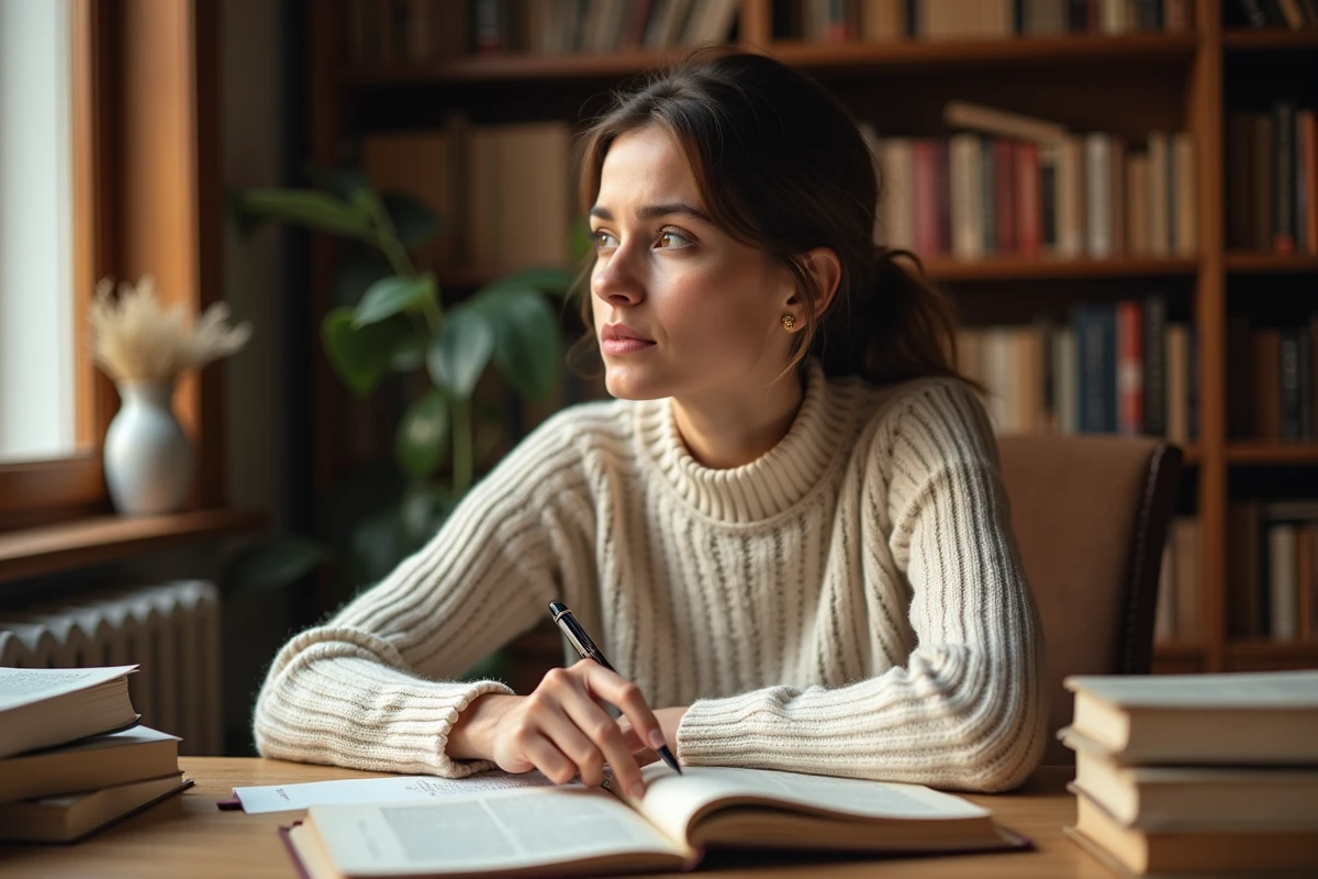 Femme studiant les nuances stylistiques de la langue française dans un bureau cosy entouré de livres et dictionnaires