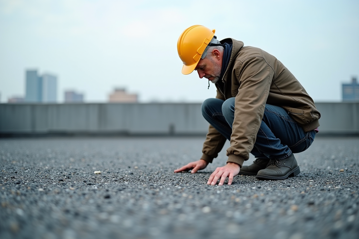 Ouvrier couvreur inspectant un toit en gravier en extérieur