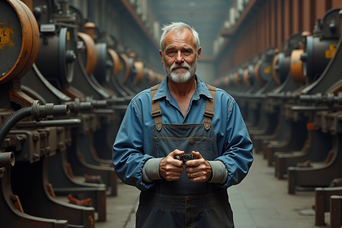 Ouvrier d'usine en bleu dans une ligne de montage