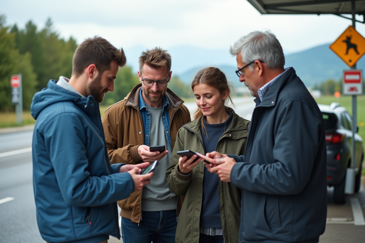 Groupe de quatre personnes utilisant une application de paiement en voyage