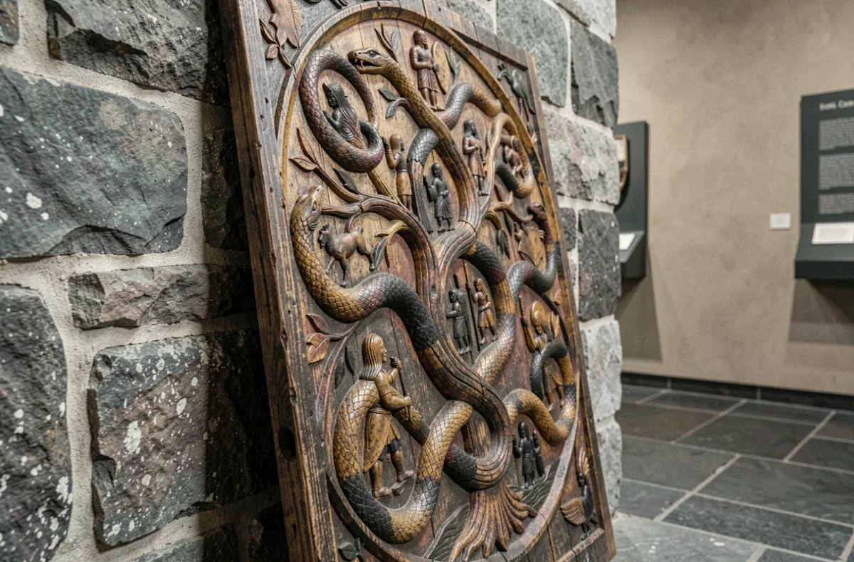 Panneau en bois sculpté d'époque viking représentant les neuf mondes et l'arbre cosmique Yggdrasil exposé dans un musée du patrimoine nordique