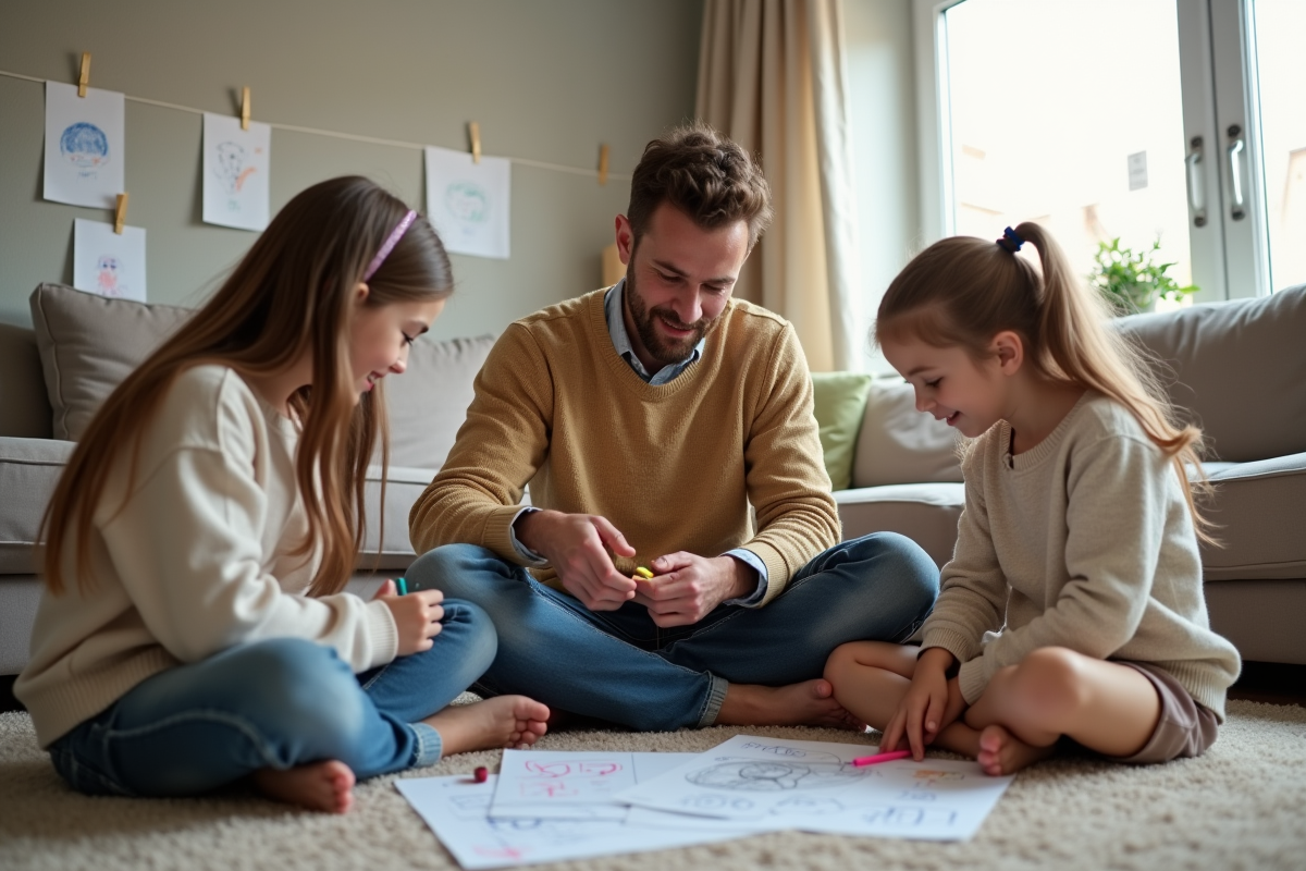 Père jeune avec enfants en train de faire les devoirs