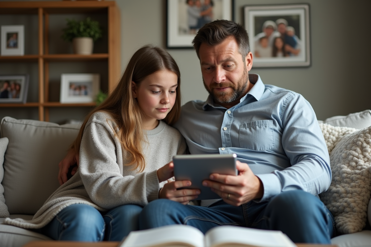 Père et fille regardant un calendrier numérique sur une tablette