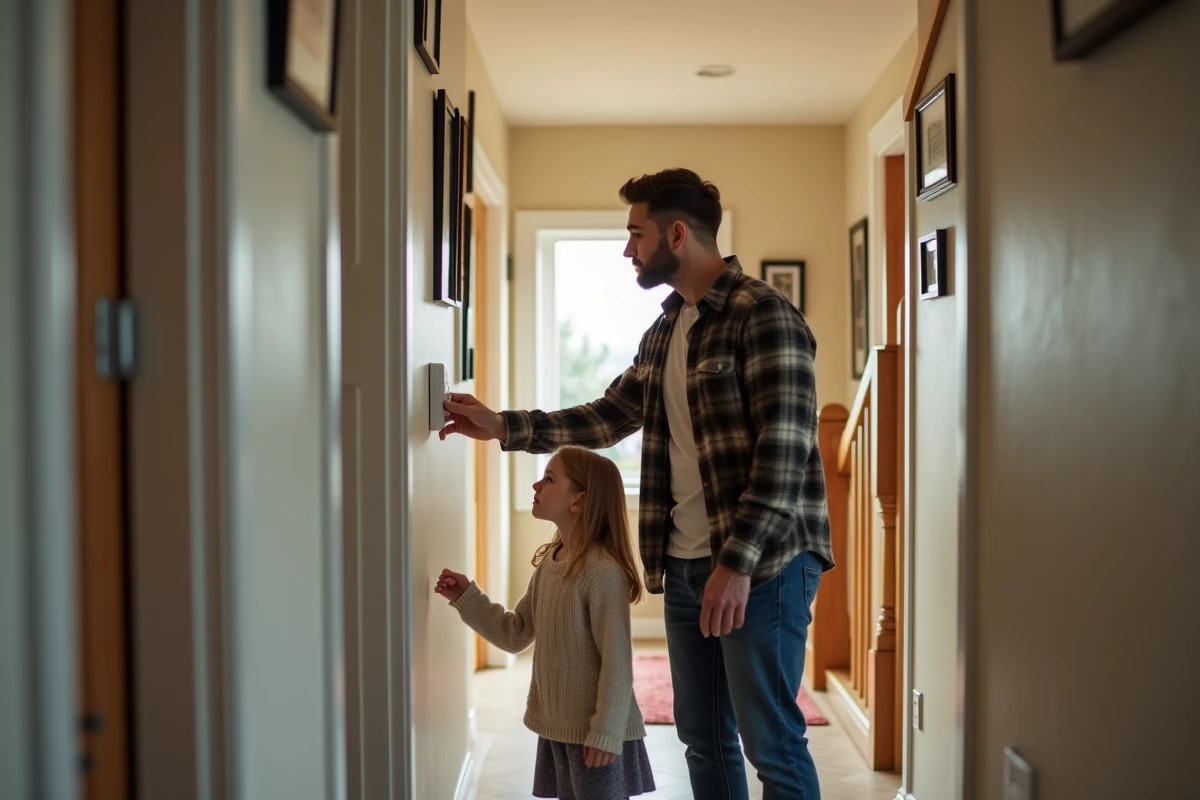 Père ajuste le thermostat dans le couloir avec sa fille curieuse
