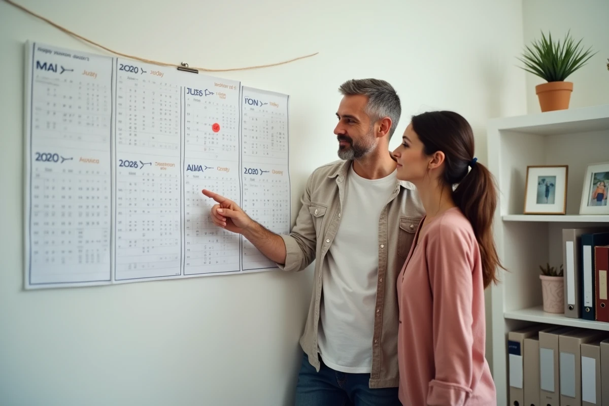 Deux parents examinant ensemble le calendrier scolaire 2026 accroché au mur pour organiser la rentrée