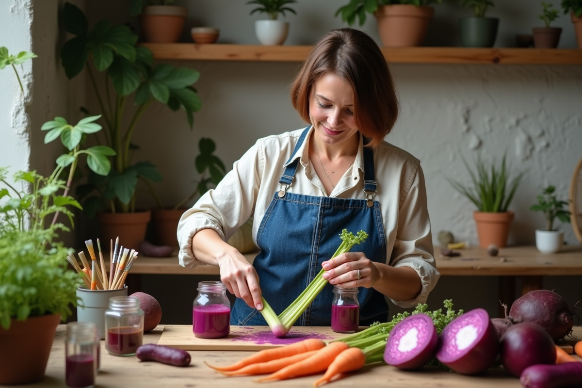 Femme peignant avec des légumes dans un atelier chaleureux