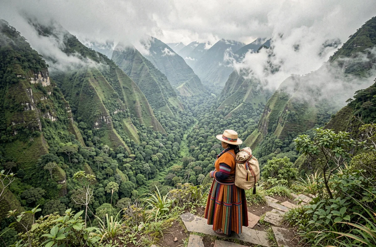 Femme quechua en tenue traditionnelle colorée sur un sentier andin au Pérou avec la forêt amazonienne en contrebas dans la brume