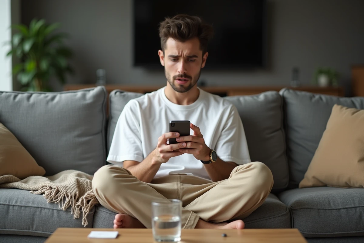 Personne sur son canapé contactant le support Le Bon Coin via smartphone pour un problème de litige