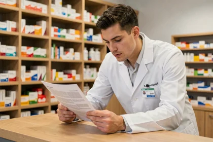Pharmacien ARC Raiders examinant des documents derrière son comptoir dans une pharmacie moderne bien organisée