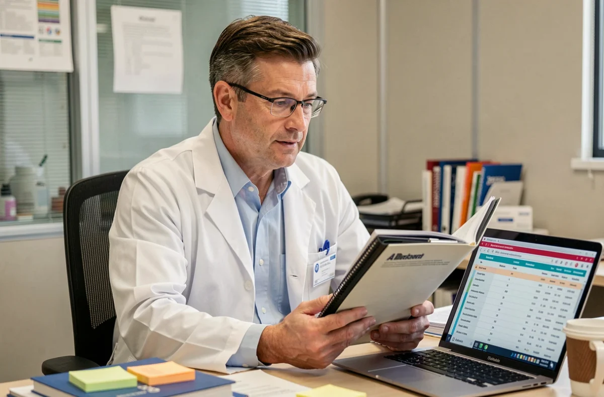 Pharmacien senior consultant un classeur réglementaire et un ordinateur portable dans un bureau pharmaceutique