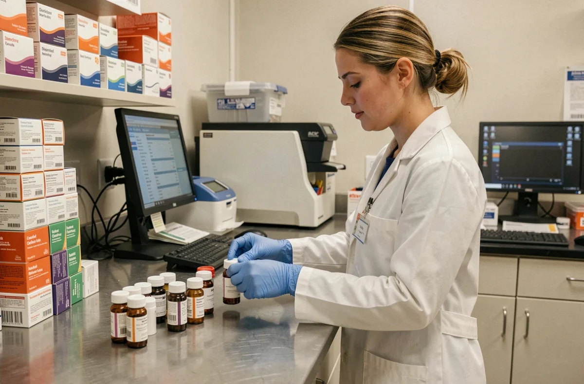 Pharmacienne préparant et étiquetant des médicaments dans une arrière-officine pharmaceutique professionnelle
