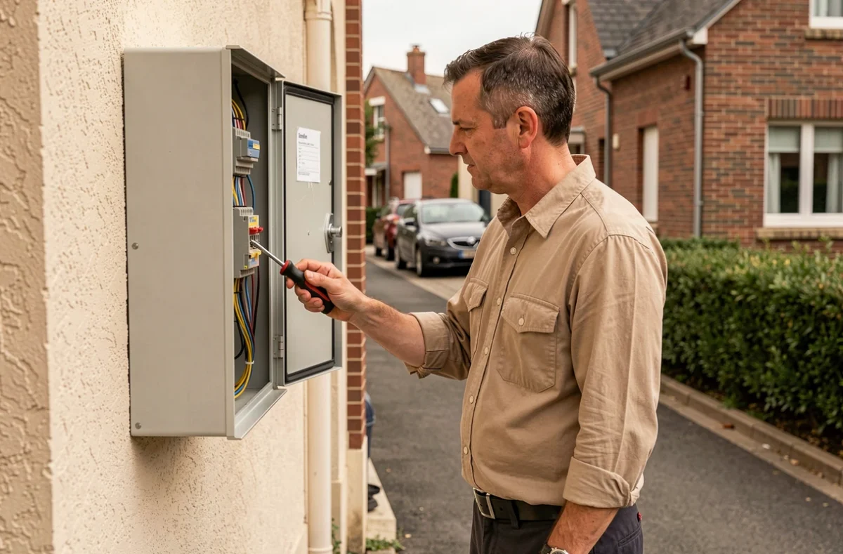 Électricien Phil'Elec travaillant sur une armoire électrique extérieure en périphérie de Troyes