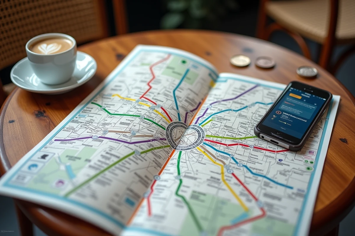 Plan du réseau RER d'Île-de-France posé sur une table de café parisien avec smartphone et pièces de monnaie pour planifier un trajet