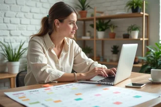 Femme planifiant un calendrier éditorial 2026 sur son bureau avec des notes colorées et un ordinateur portable