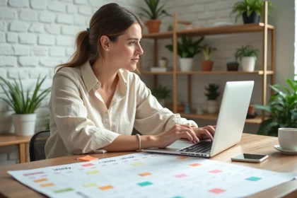 Femme planifiant un calendrier éditorial 2026 sur son bureau avec des notes colorées et un ordinateur portable