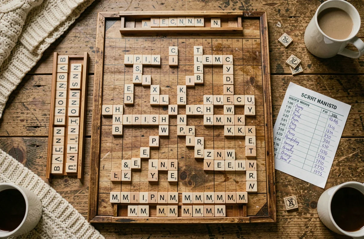 Vue aérienne d'un plateau de Scrabble en cours de partie avec le mot IN placé stratégiquement sur une case bonus
