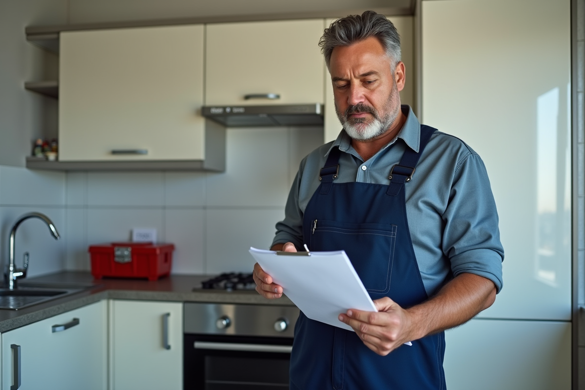 Plombier homme en uniforme vérifiant une facture dans la cuisine