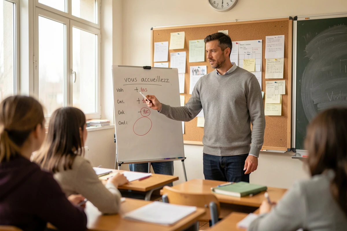 Professeur de français expliquant la conjugaison du verbe accueillir devant un tableau de classe