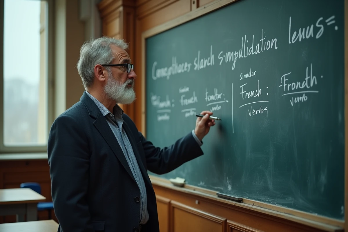 Professeur de français expliquant les nuances stylistiques au tableau dans une salle de classe universitaire