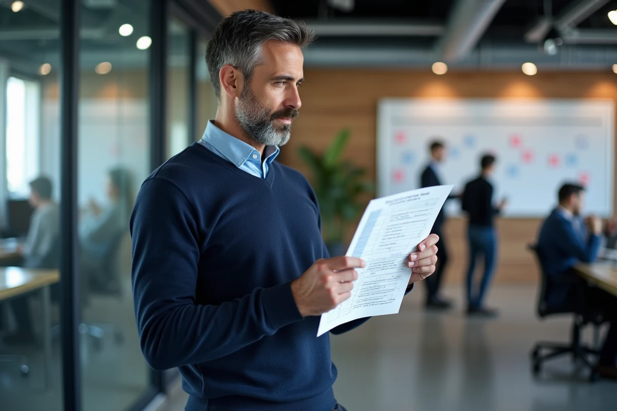Professionnel consultant un planning de contenu mensuel dans un espace de coworking moderne