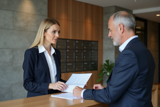 Femme professionnelle en discussion avec un homme dans un hall moderne