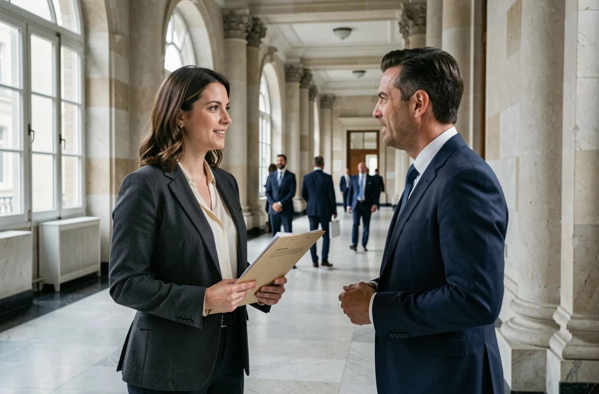 Professionnelle juridique en blazer charbon dans un couloir de palais de justice français tenant des documents officiels