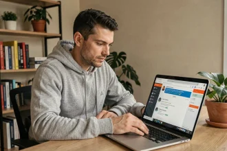 Homme consultant un logiciel antivirus sur son ordinateur portable dans un bureau à domicile