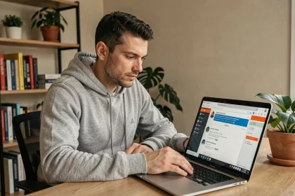Homme consultant un logiciel antivirus sur son ordinateur portable dans un bureau à domicile
