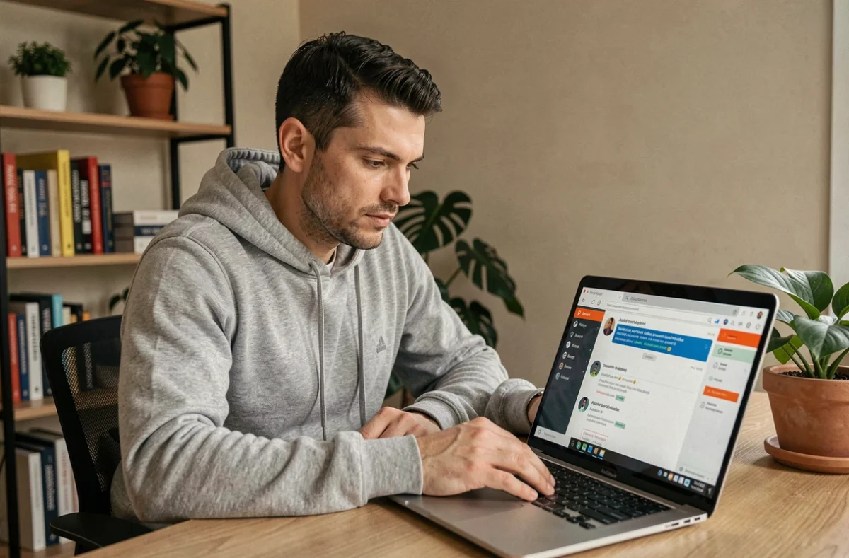 Homme consultant un logiciel antivirus sur son ordinateur portable dans un bureau à domicile