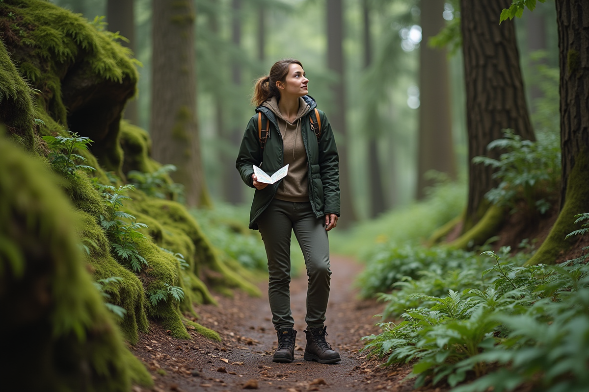 Femme en randonnée dans la forêt avec carte