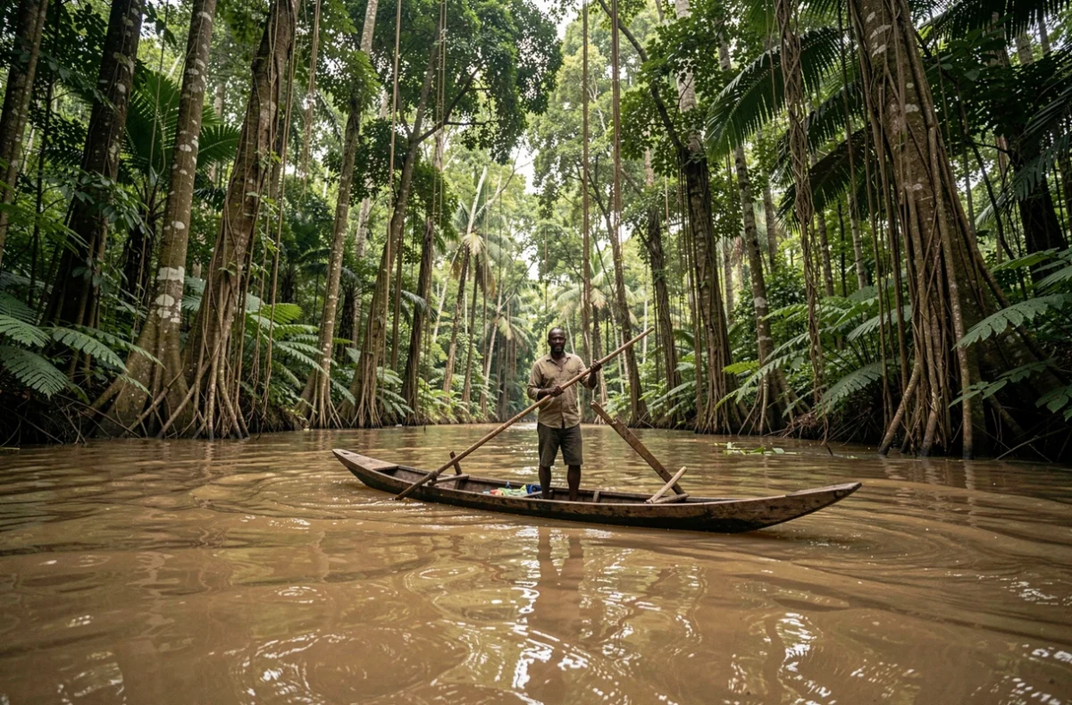 Pirogues sur un fleuve de la forêt équatoriale de la République démocratique du Congo, bordé d'une végétation tropicale dense et luxuriante