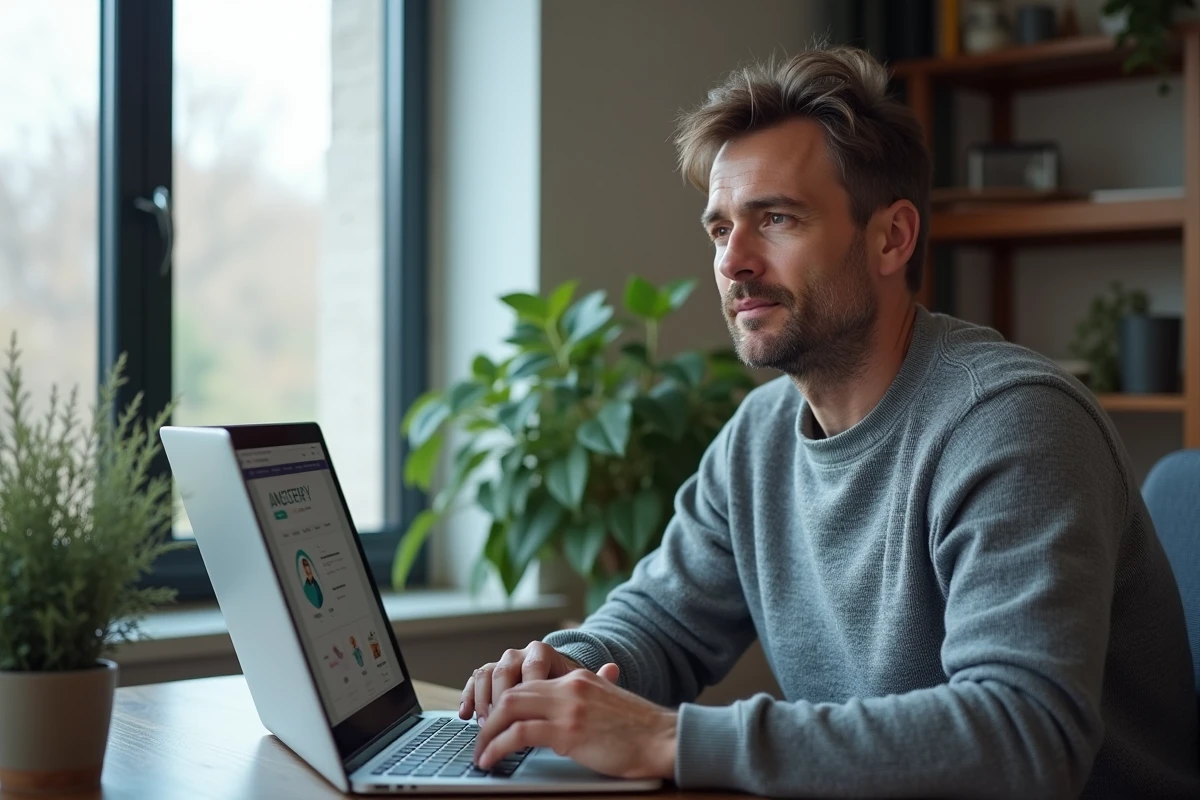 Homme effectuant des recherches généalogiques sur un ordinateur portable dans un bureau à domicile moderne et épuré