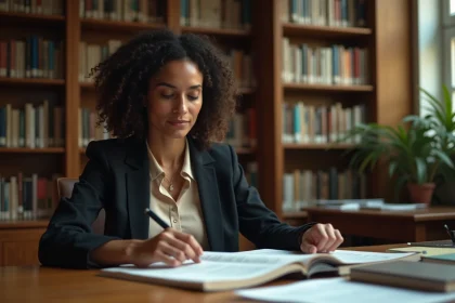 Femme aux traits méditerranéens consultant des livres dans une bibliothèque pour des recherches approfondies sur des origines culturelles
