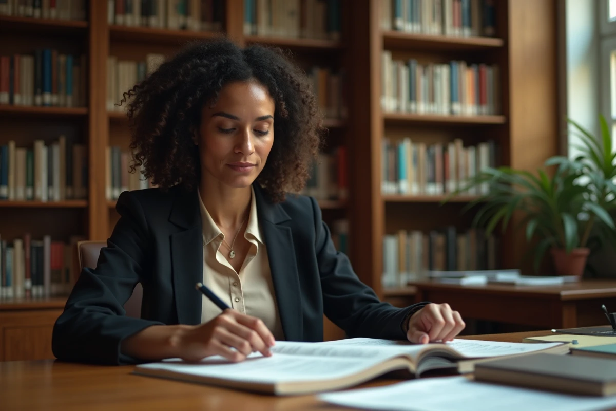 Femme aux traits méditerranéens consultant des livres dans une bibliothèque pour des recherches approfondies sur des origines culturelles